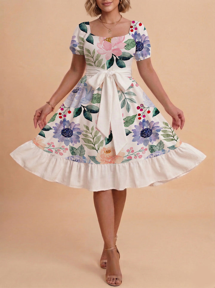 Damen Midi Kleid mit elegantem Blumendruck und tailliertem Gürtel Echo Archiv