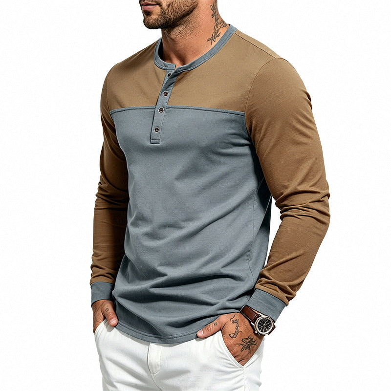 Herren Slim-Fit Henley-Langarmshirt mit Kontrastpaneel und Metallknopfleiste – Arvello