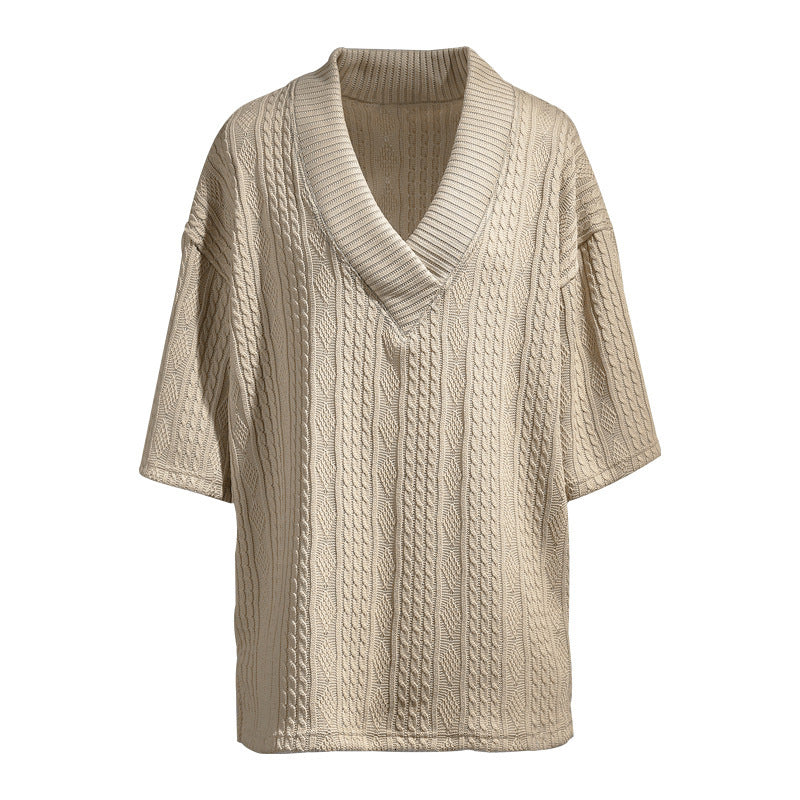 Damen nan Kurzarm-Strickpullover im weiten Schnitt mit tiefem V-Kragen und Zopfmuster Echo Archiv