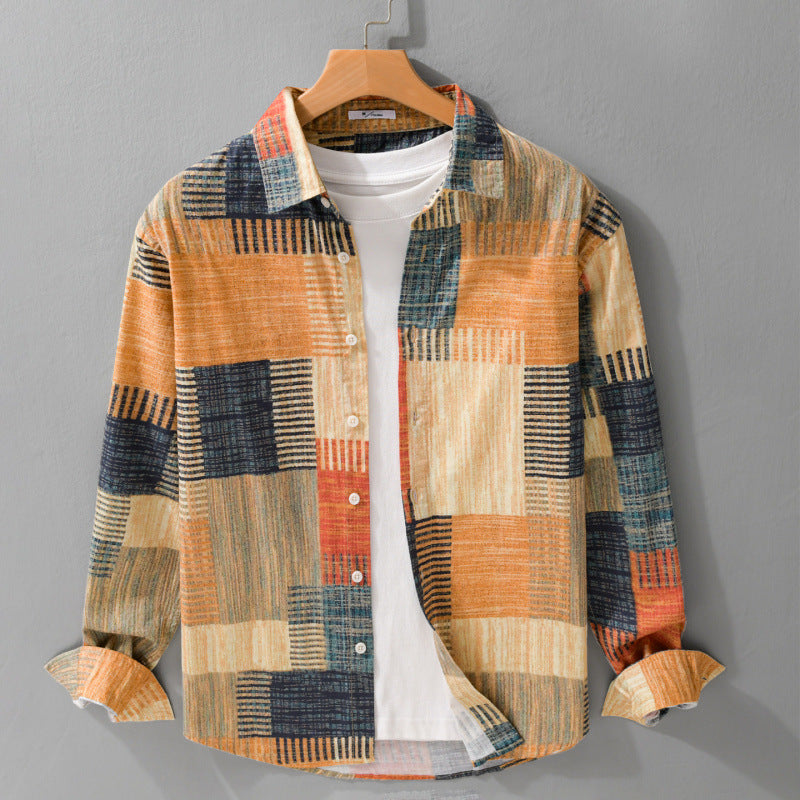Herren Gemustertes Langarm-Hemd im Patchwork-Look aus leichtem Baumwollmix Relaxed Fit Echoarchiv