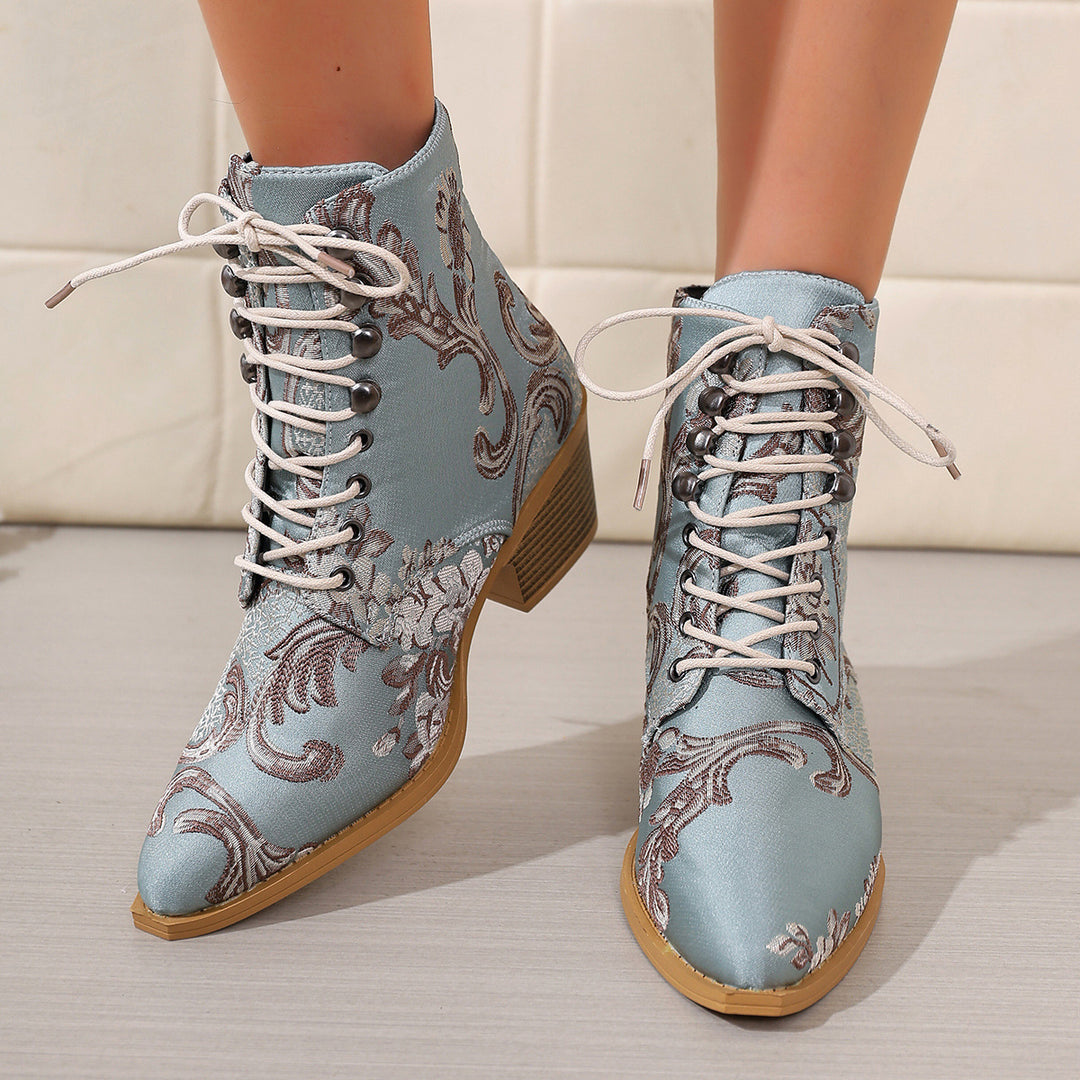 Damen bestickte Schnür-Stiefelette mit Jacquard-Brokatmuster und niedrigem Blockabsatz Echo Archiv