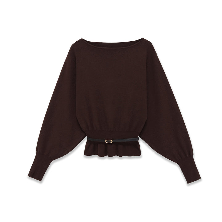 Damen Fledermaus-Pullover mit weitem Ärmel, gerafftem Taillenbund und schmalem Gürtel – Mavelle