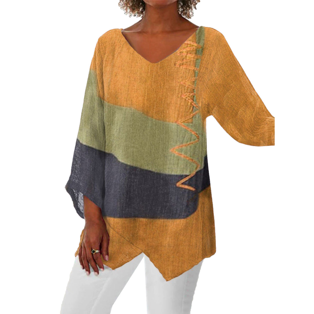 Frauen Casual A-Linien Leinenlook Tunika mit Farbblockstreifen und V-Ausschnitt – Avérine