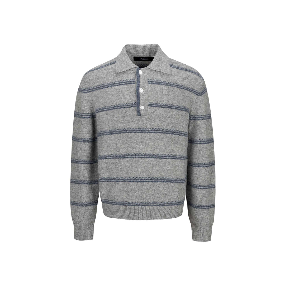 Herren Grobgestrickter Polokragenpullover mit Halbdruckknopfblende und Streifenstruktur Echoarchiv