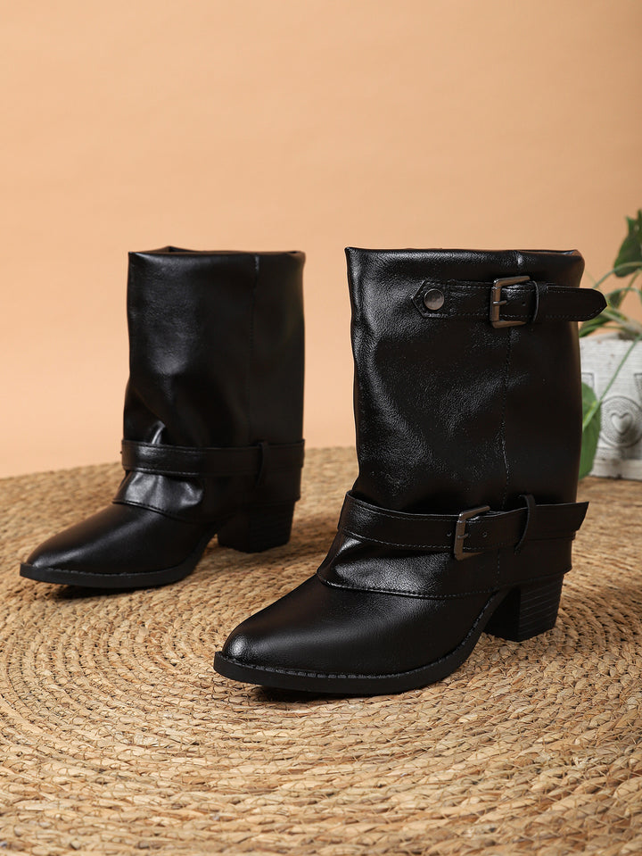 Damen halbhohe Stiefel mit dekorativen Schnallenriemen und Blockabsatz Echoarchiv