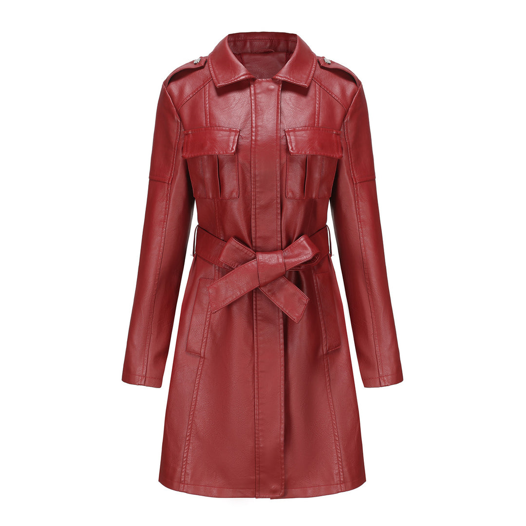Damen nan langer Kunstleder-Trenchcoat mit Taillengürtel und Schulterriegeln Echo Archiv