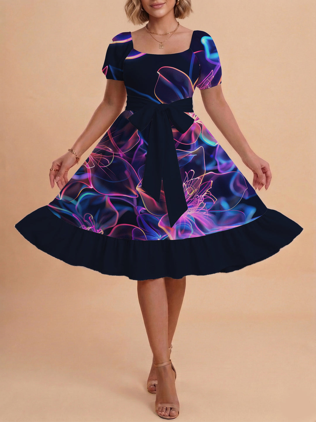 Damen Sommerkleid mit floralem Puffärmel und taillierbarem Gürtel Echo Archiv