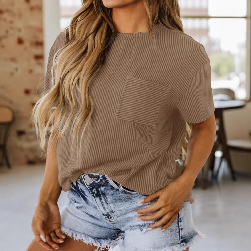 Damen lässiges Kurzarmshirt mit strukturierter Oberfläche und praktischem Brusttaschen Echo Archiv