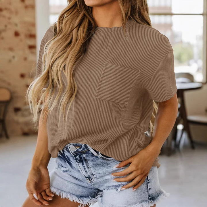 Damen lässiges Kurzarmshirt mit strukturierter Oberfläche und praktischem Brusttaschen Echo Archiv
