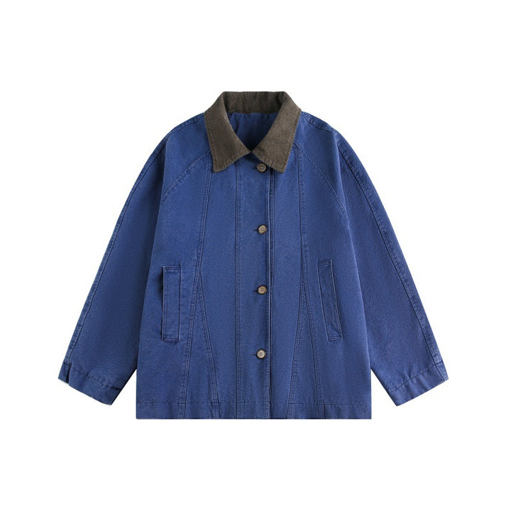 Unisex Kurz geschnittener Boxy-Jeansblouson mit Cordkragen und tonalen Ziernähten Echoarchiv