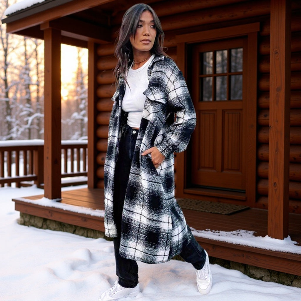 Damen Longline-Karo-Überhemd mit Oversize-Schnitt und aufgesetzten Pattentaschen Echo Archiv