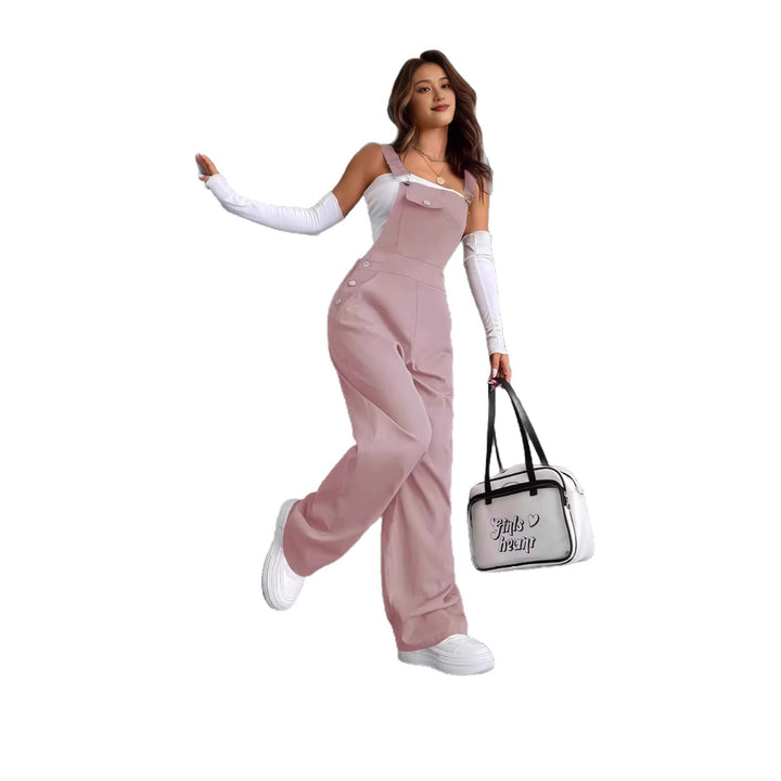 Damen weite Latzhose mit seitlichen Zierknöpfen, Brusttasche und weitem Bein – Solévia