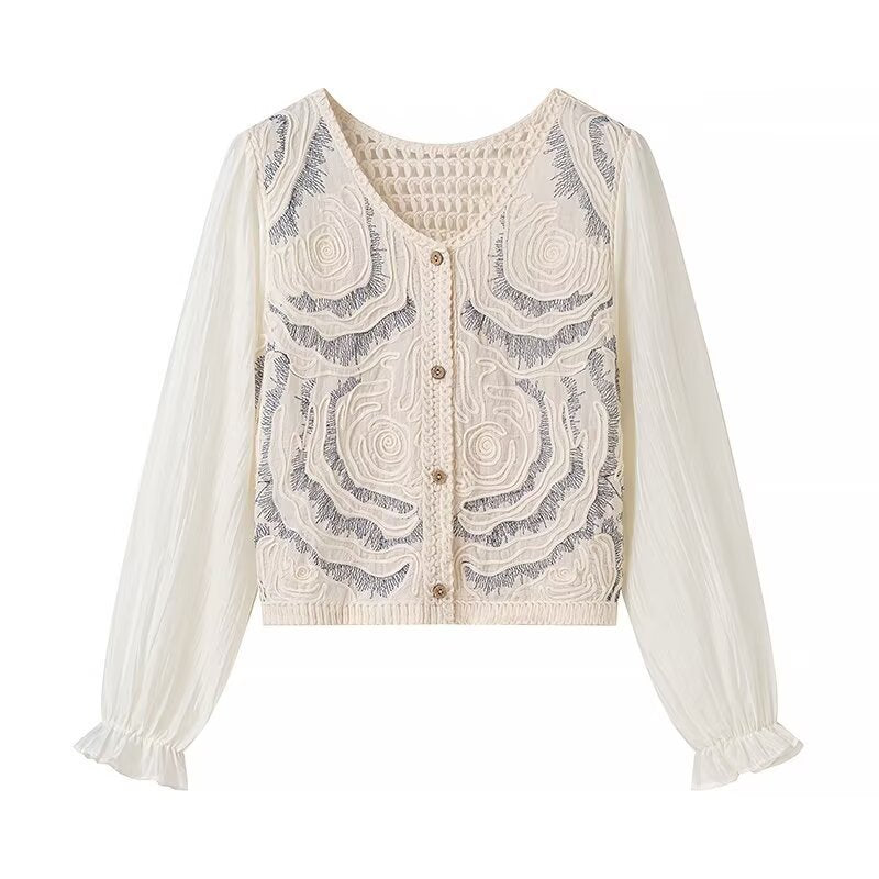 Damen Bestickter Häkelstrick-Cardigan mit transparenten Plissee-Ärmeln Echo Archiv