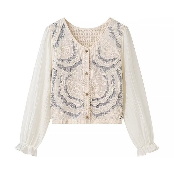 Damen Bestickter Häkelstrick-Cardigan mit transparenten Plissee-Ärmeln Echo Archiv