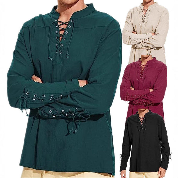 Herren Leinenhemd mit originellem Schnürdesign und lässigem Stehkragen Echoarchiv