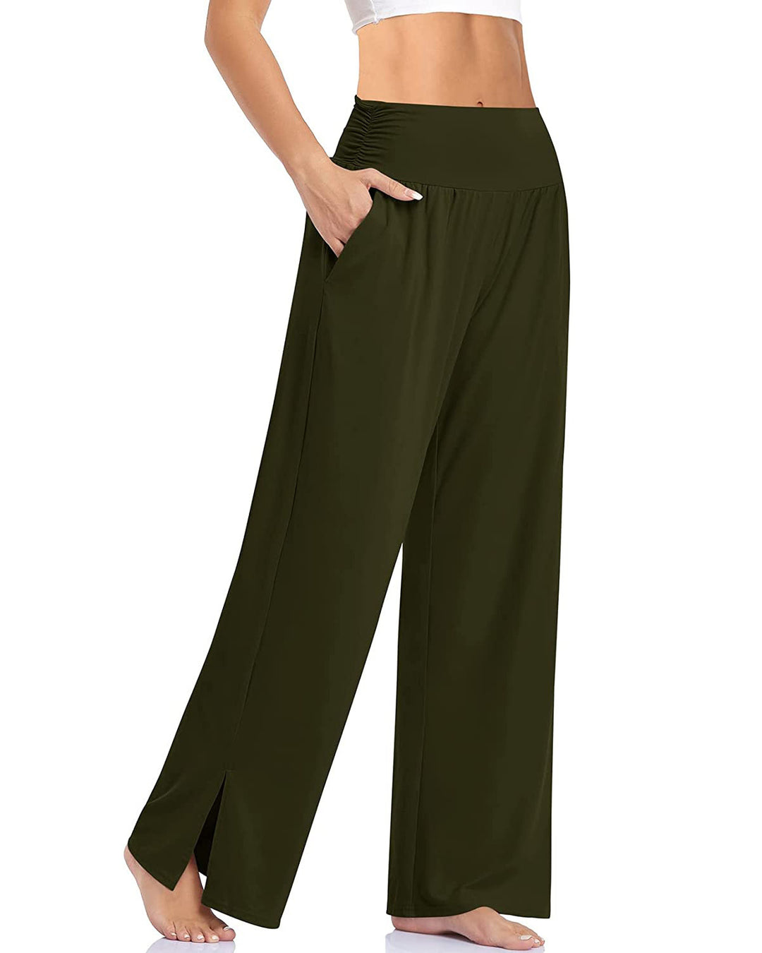 Damen nan weite Yogahose mit hohem Komfortbund, seitlichen Eingrifftaschen und seitlichem Bein-Schlitz Echo Archiv