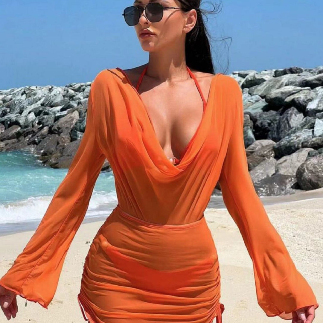 Damen Strandkleid mit elegantem Wickeldesign und langen Ärmeln Echo Archiv