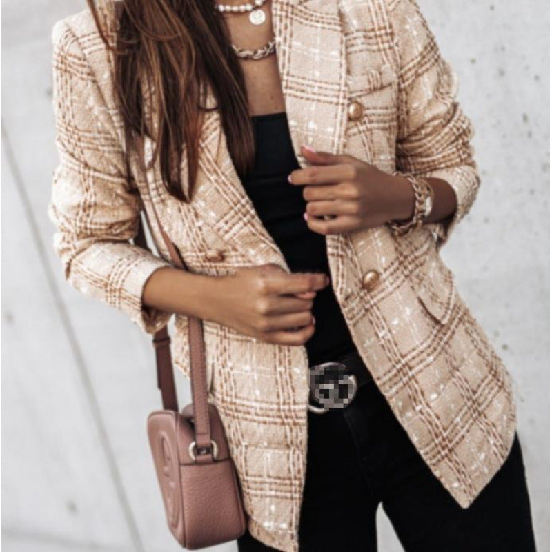 Damen nan eleganter Tweed-Blazer mit Doppelknopf, strukturierter Webung und aufgesetzten Taschen Echo Archiv