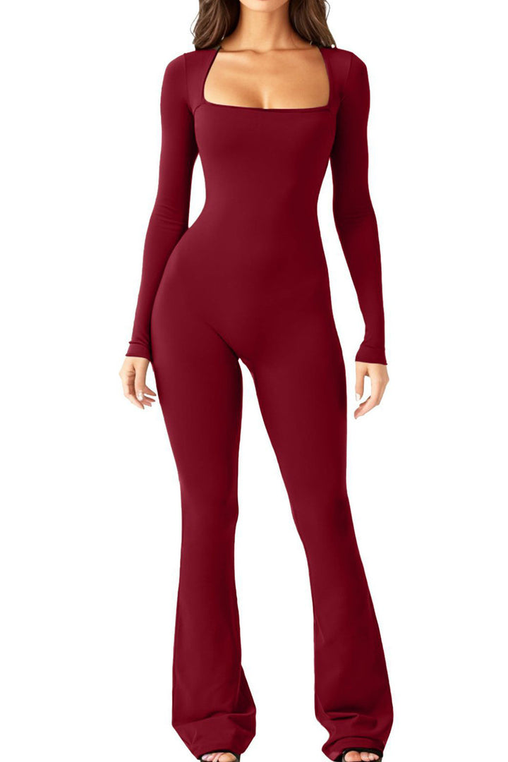 Damen nan figurbetonter Langarm-Jumpsuit mit quadratischem Ausschnitt und ausgestellter Schlaghose Echo Archiv