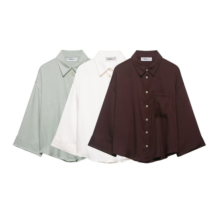 Damen Oversized Hemdbluse mit überschnittenen Schultern, dreiviertelärmeln und Brusttasche Echo Archiv