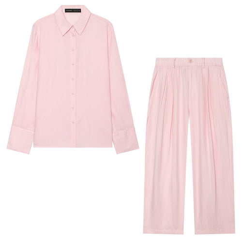 Damen Zweiteiliges Satin-Set mit weichem Oversized-Hemd und hochgeschnittener Palazzo-Hose Echoarchiv
