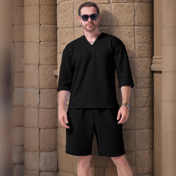 Herren lässiges Kurzarmshirt und Shorts-Set mit strukturiertem Design Echoarchiv