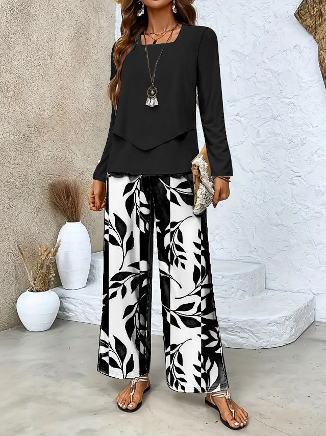 Damen Zweiteiliges Lounge-Set mit überlappendem Longsleeve und weiten Palazzo‑Hosen Echoarchiv