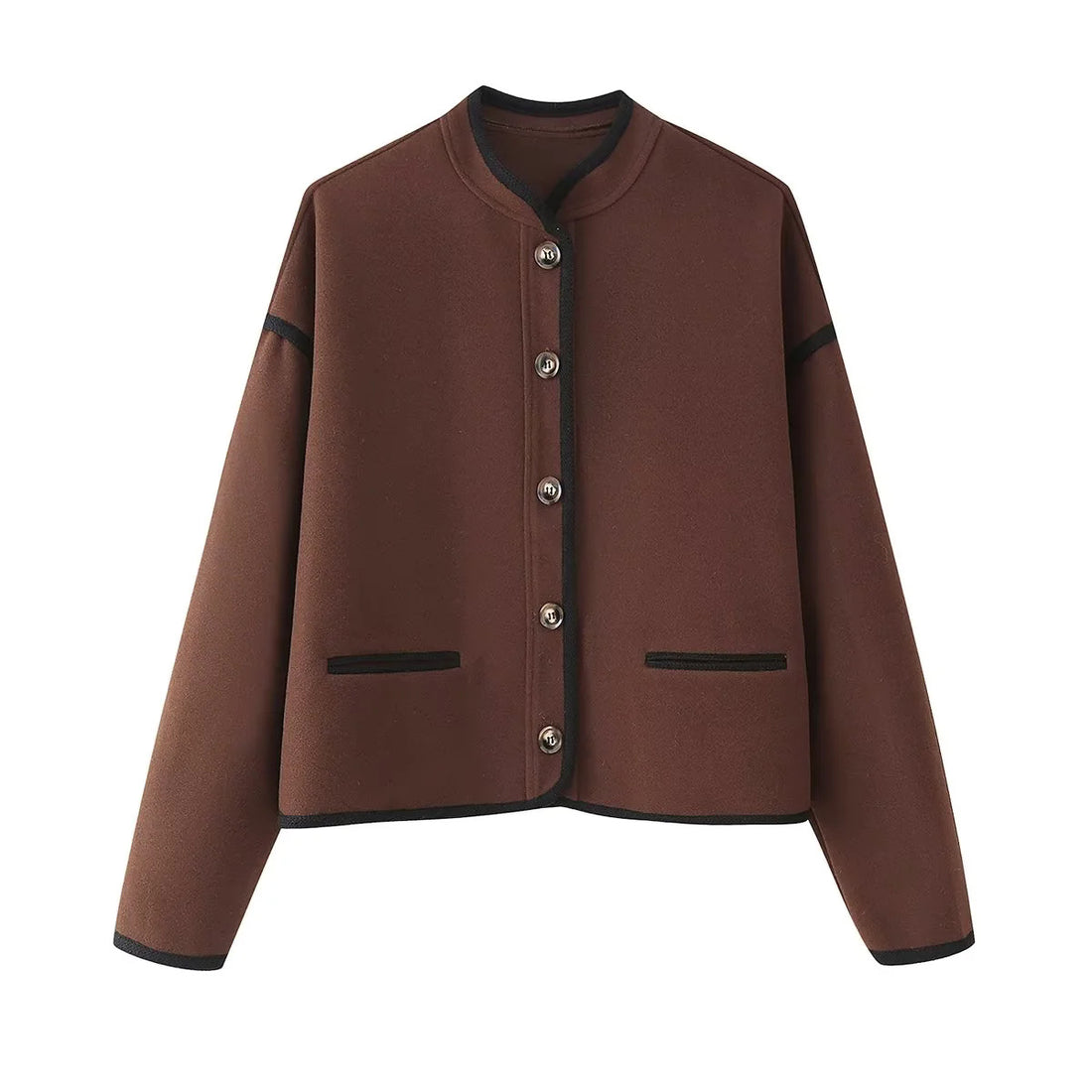 Damen kastige Kurzjacke mit Rundhalsausschnitt, Kontrastpaspel und Leistentaschen – Célinea