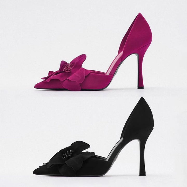Damen Spitz zulaufende Abend‑D'Orsay‑Pumps mit handgefertigter 3D‑Blütenapplikation und sculpted Stiletto – Lioré