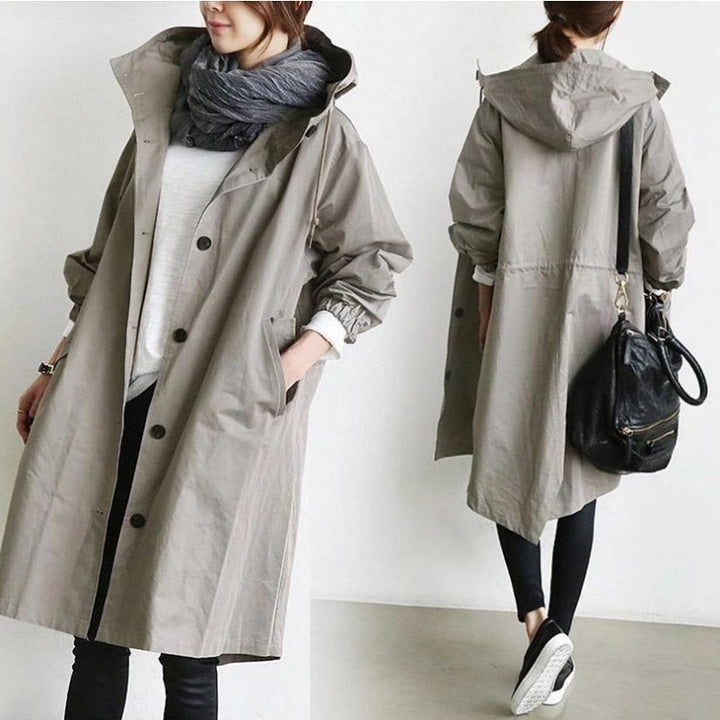 Damen nan leichter oversized Regenmantel mit Kapuze und verdeckter Knopfleiste Echo Archiv