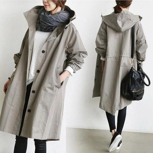 Damen nan leichter oversized Regenmantel mit Kapuze und verdeckter Knopfleiste Echo Archiv