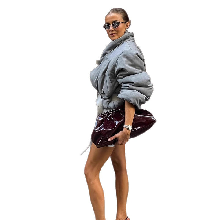 Damen wattierter Oversize-Blazer mit hohem Schalkragen und Taillengürtel Echoarchiv
