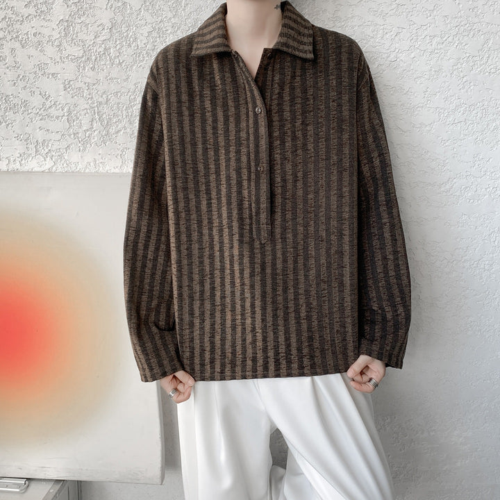 Herren Oversize Langarm-Hemd mit Polokragen, gestreifter Struktur & halber Knopfleiste Echoarchiv