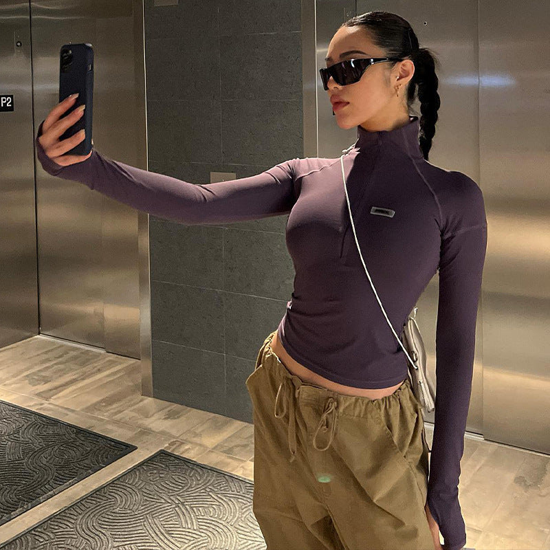 Damen nan figurbetontes Langarm-Zip-Top mit tiefem V-Ausschnitt und elastischem Funktionsstretch Echo Archiv