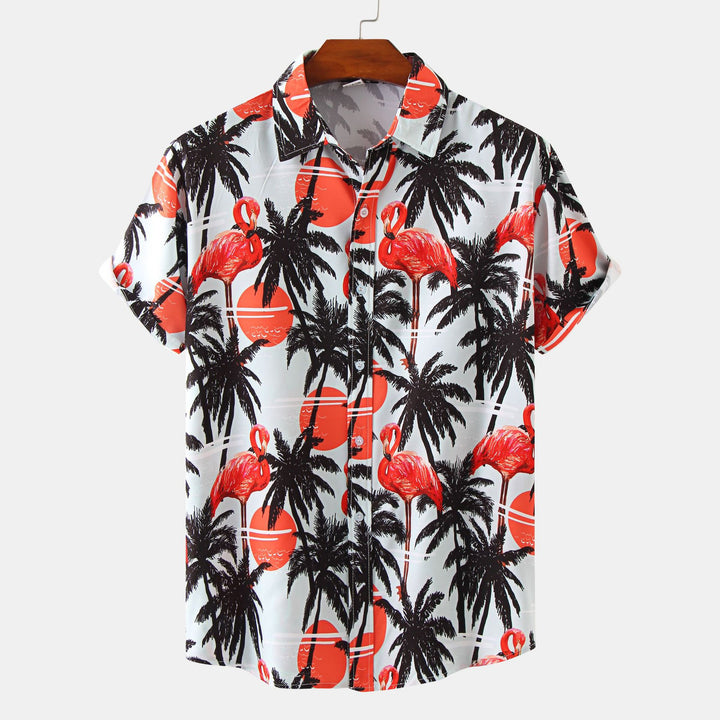 Herren Kurzarmhemd mit tropischem Flamingo-Print und leichtem Stoff Echoarchiv