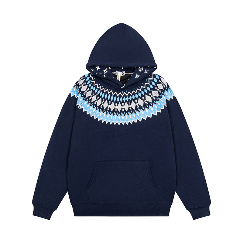 Unisex Oversize Kapuzenpullover mit nordischem Rundpasse-Jacquard, Kängurutasche und Rippbündchen Echoarchiv