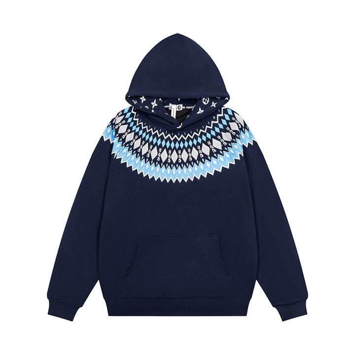 Unisex Oversize Kapuzenpullover mit nordischem Rundpasse-Jacquard, Kängurutasche und Rippbündchen Echoarchiv