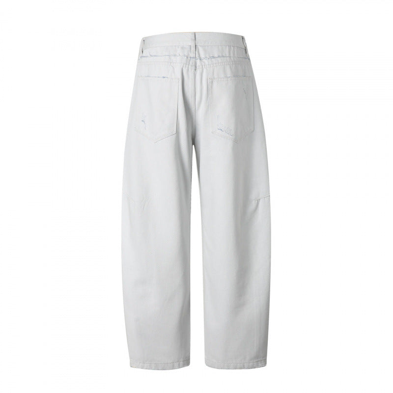Damen Weite High‑Waist Cropped Jeans mit sichtbarer Knopfleiste, rohem Saum und Utility‑Nähten Echo Archiv