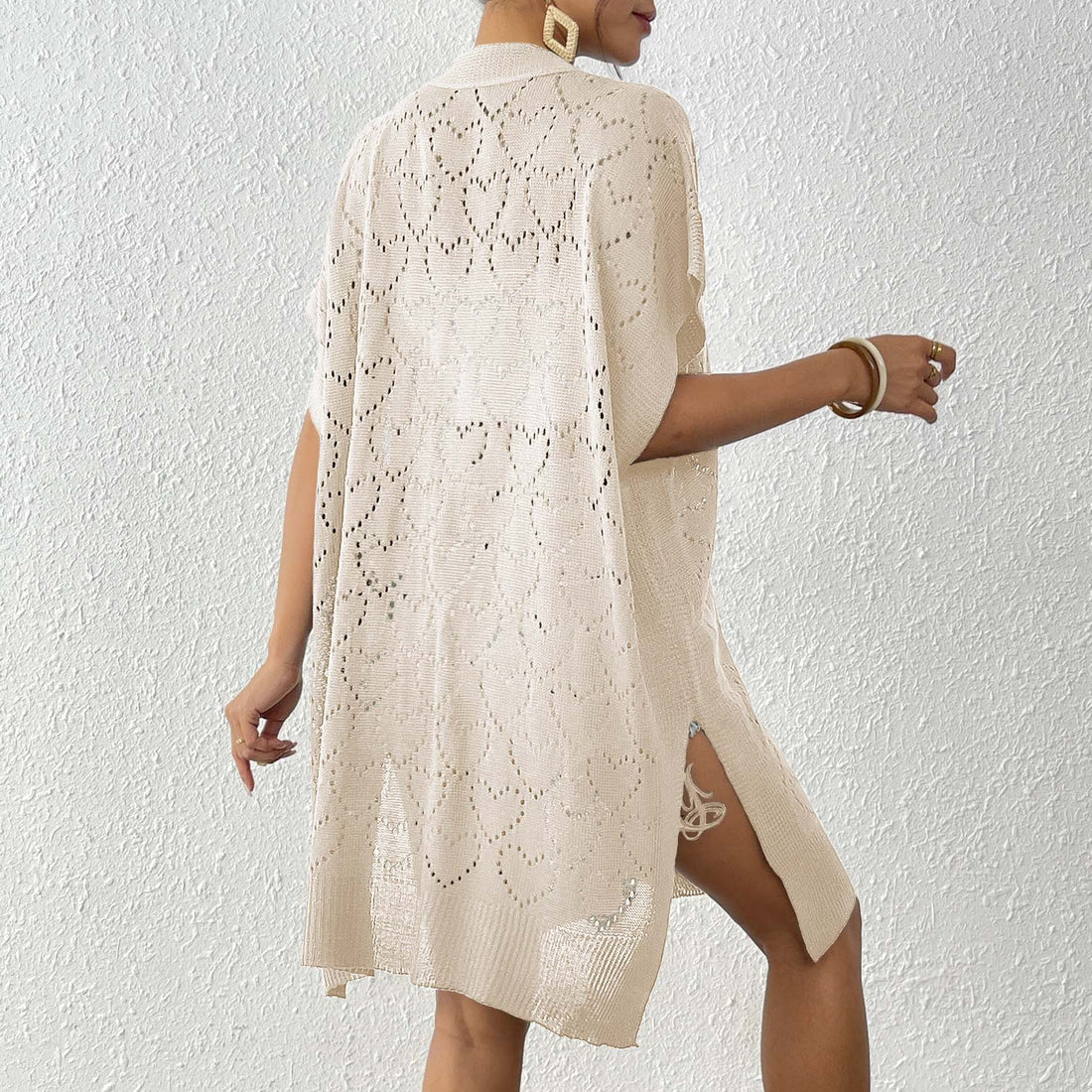 Damen luftiger Strick-Kimono mit floralem Lochmuster – Veloura