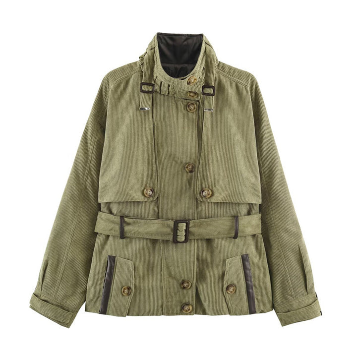 Damen Kurze Cord-Trenchjacke mit Taillengürtel, Cape-Detail und Stehkragen Echo Archiv