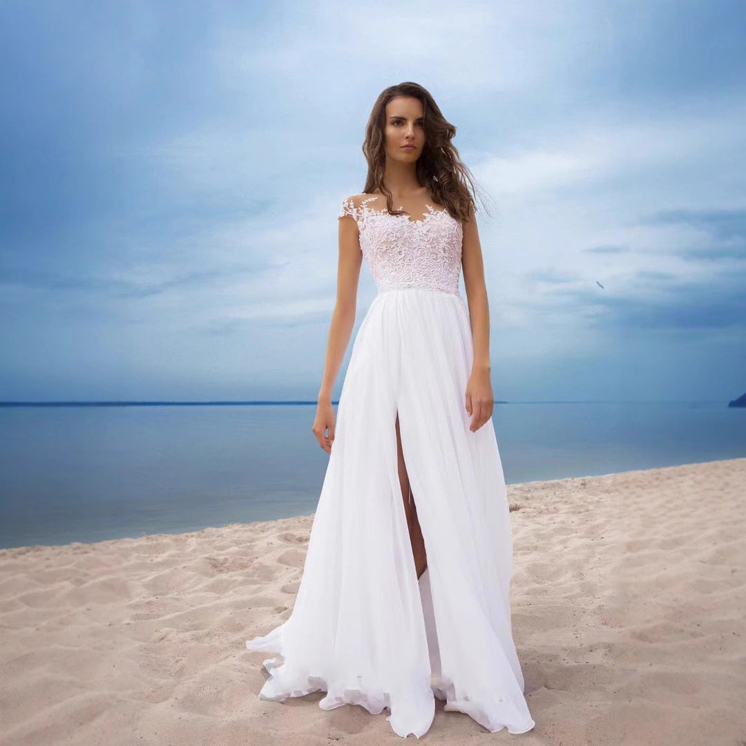 Damen Hochzeitskleid mit elegantem Spitzenoberteil und schwingendem Rock Echoarchiv