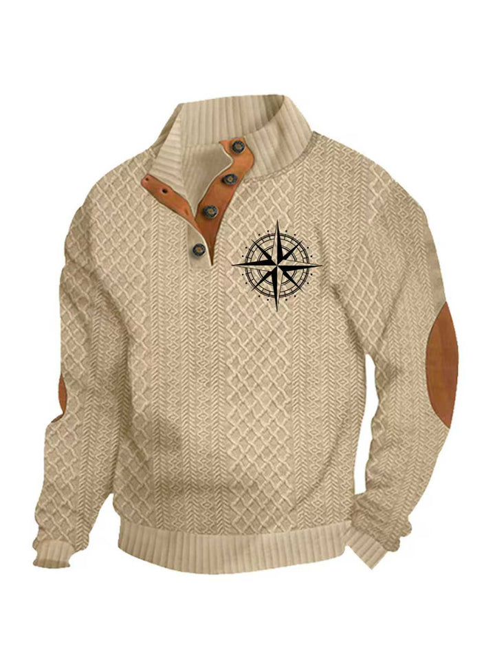 Herren nan Heritage-Strukturpullover mit Stehkragen Lederimitat-Besatz Ellenbogen-Patches und Halbknopfleiste Echo Archiv