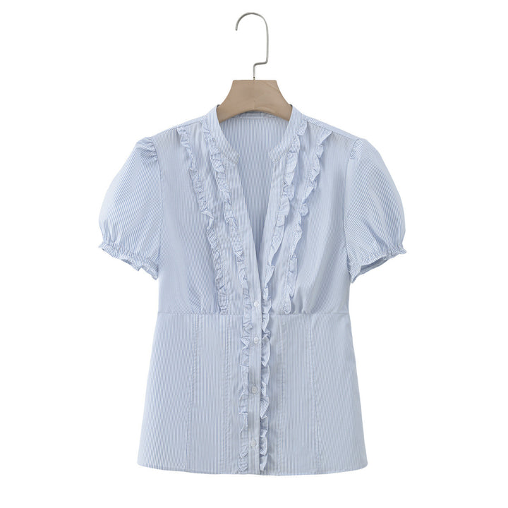 Damen Rüschenshirt mit elegantem V-Ausschnitt und taillierter Passform Echo Archiv