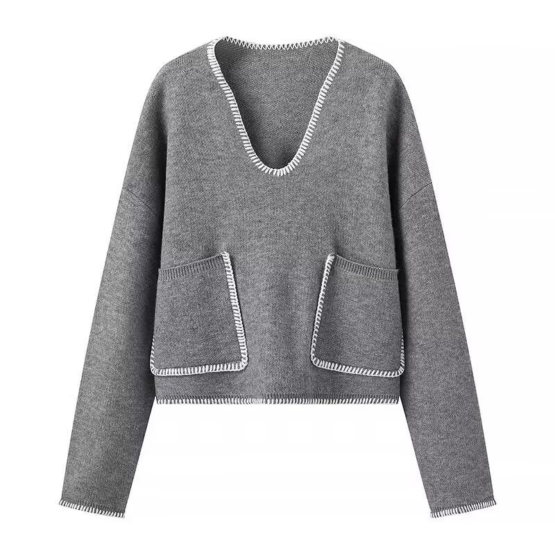 Damen Kurzer V-Ausschnitt Pullover mit Ziernähten und aufgesetzten Taschen Echo Archiv
