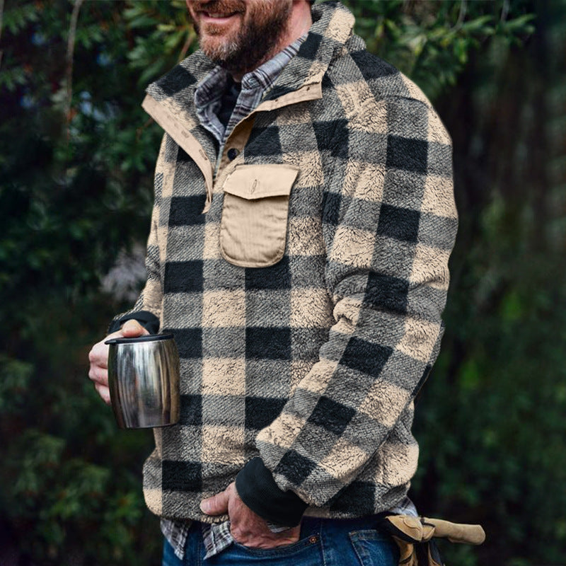 Herren Fleece-Pullover mit Karomuster und Hohem Kragen – Marzano