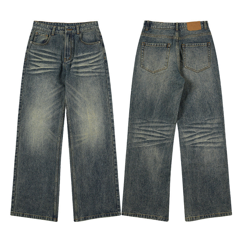 Herren Weite Denim-Jeans im Vintage-Whisker-Look mit horizontalen Falten und bodenlangem Saum Echo Archiv