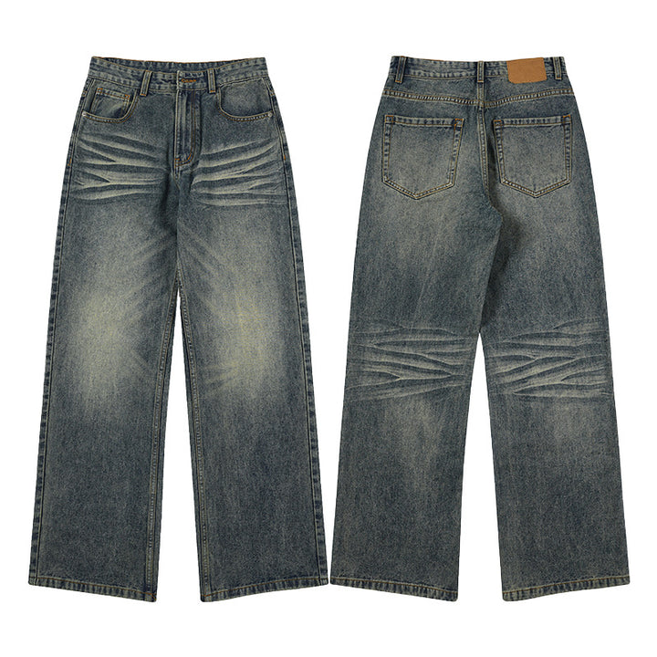 Herren Weite Denim-Jeans im Vintage-Whisker-Look mit horizontalen Falten und bodenlangem Saum Echo Archiv