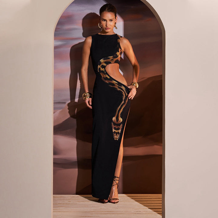Damen Schickes Maxi-Kleid mit aufregendem cut-out Design und hohem Schlitz Echo Archiv