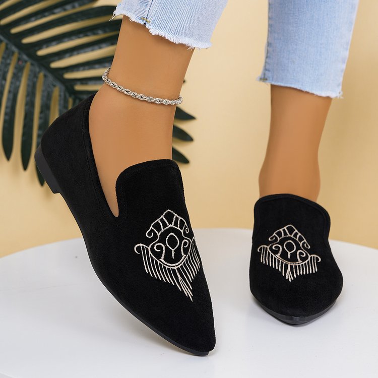 Damen Bestickte Velours-Loafer mit spitzer Zehenpartie und rutschfester Gummisohle – Lioré
