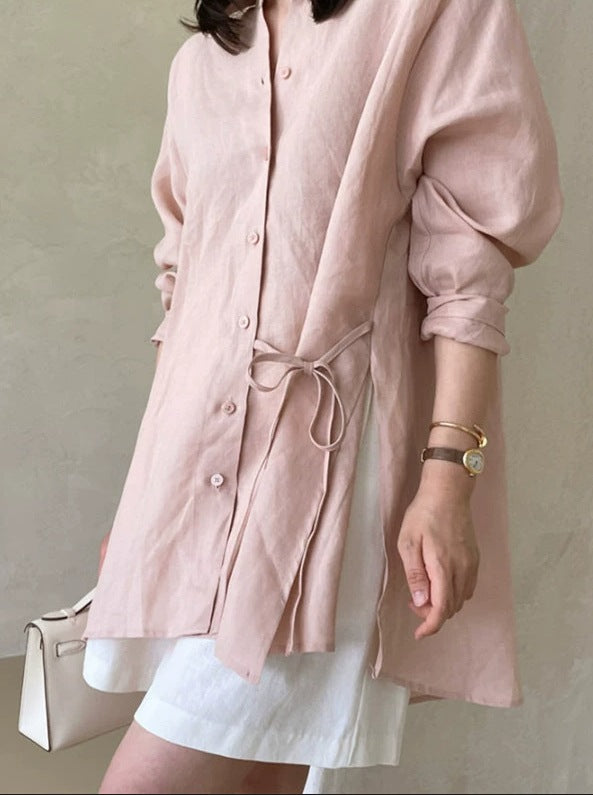 Damen Locker geschnittene Leinen‑Hemdbluse mit Stehkragen, Tunnelzug‑Taille und durchgehender Knopfleiste – Élovi